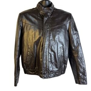 Vintage Chess King Mens Brown Leather Bomber Jacket Faux Fur Lined Size 40‎ Moto